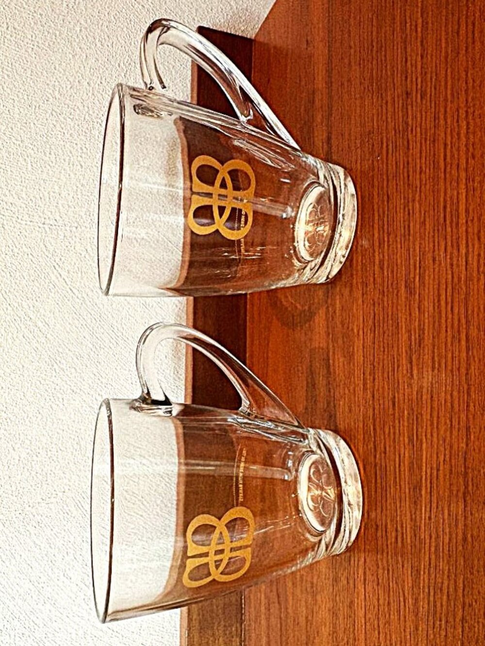 Vintage Baileys Irish Cream Clear Glass Coffee Mugs Gold "BB" fill line set of 2